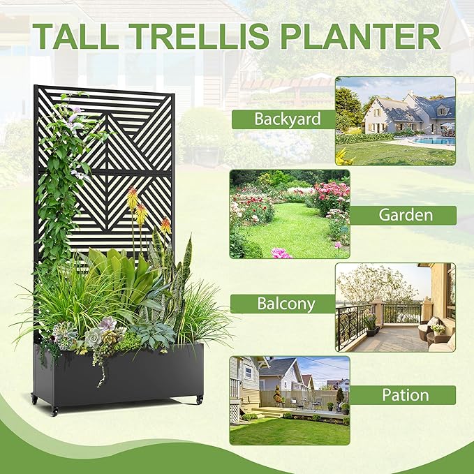 Raised Garden Bed with Trellis and Wheels,73"x35"x16" Metal Raised Garden Bed,Black Diamond Metal Planter with Climbing Trellis for Vines & Vegetables