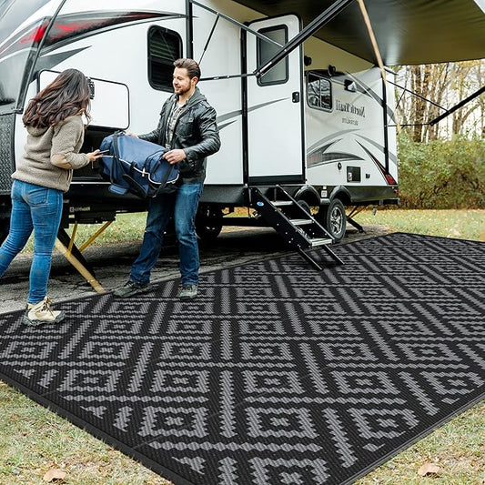 GENIMO Outdoor Rug for Patio Clearance,9'x18' Waterproof Mat,Reversible Plastic Camping Rugs,Rv,Porch,Deck,Camper,Balcony,Backyard,Black & Gray