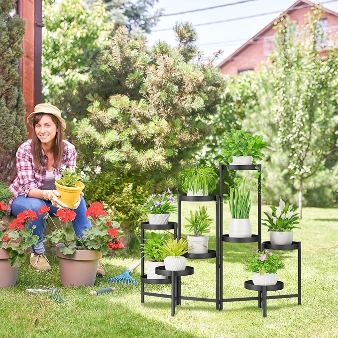 iDavosic.ly Plant Stand Indoor Outdoor, 9 Tier Corner Metal Flower Display Holder Shelf, Folding Tall Orchid Rack for Patio Balcony Porch Garden Living Room House, Black