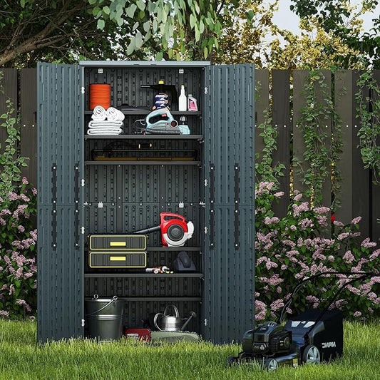 30 Cubic Ft. Vertical Resin Outdoor Storage Shed with Lockable Double Doors,Tall Storage Cabinet with 4 Shelves, Weather-Resistant Multi-Wall Panels,Storage Shed for Patio, Garden, Yard, Grey