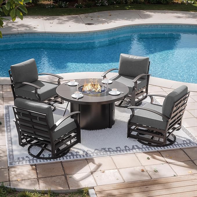 Kurapika 5 Piece Modern Metal Outdoor Conversation Sets, Patio Furniture Set, 4 Aluminum Swivel Chairs w/48in Round Propane Fire Pit Table and Thickened Cushions, Grey