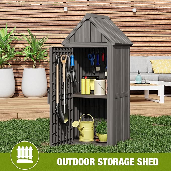 Outdoor Storage Shed – Durable Resin with Sloping Roof and Lockable Door, Waterproof Storage Cabinet with Ample Space, Multiple Hooks for Backyard, Garden, Patio & Lawn Grey
