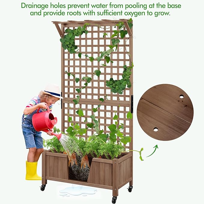 Yaheetech 72" H Garden Planter with Trellis for Vine Climbing Horticultural Plants, Outdoor Raised Box with Drainage Holes, Raised Garden Bed for Flowers, Dark Brown, 2pcs