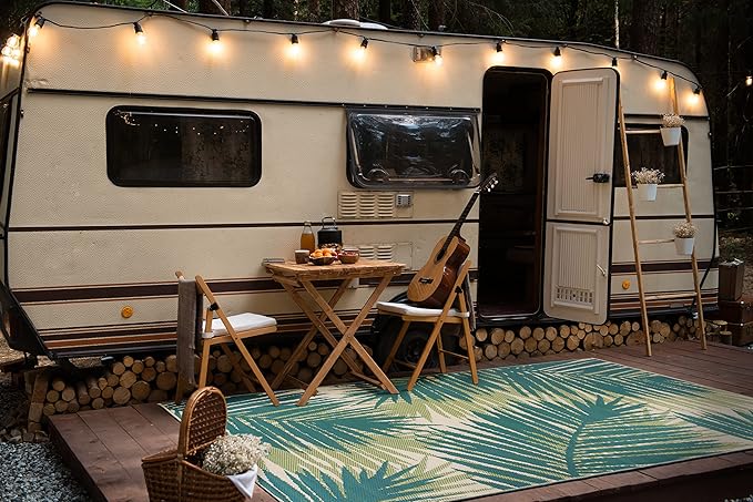 Rugshop Tropical Floral Reversible Crease-Free Waterproof Premium Recycled Plastic Outdoor Rugs for Patio,Backyard,RV,Deck,Picnic,Trailer,Beach,Camping Green 3' x 5'