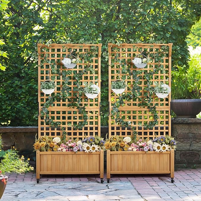 Yaheetech 72" H Garden Planter with Trellis for Vine Climbing Horticultural Plants, Yard Box Outdoor w/Drainage Holes, Garden Planter Bed for Flowers Herbs, Light Brown