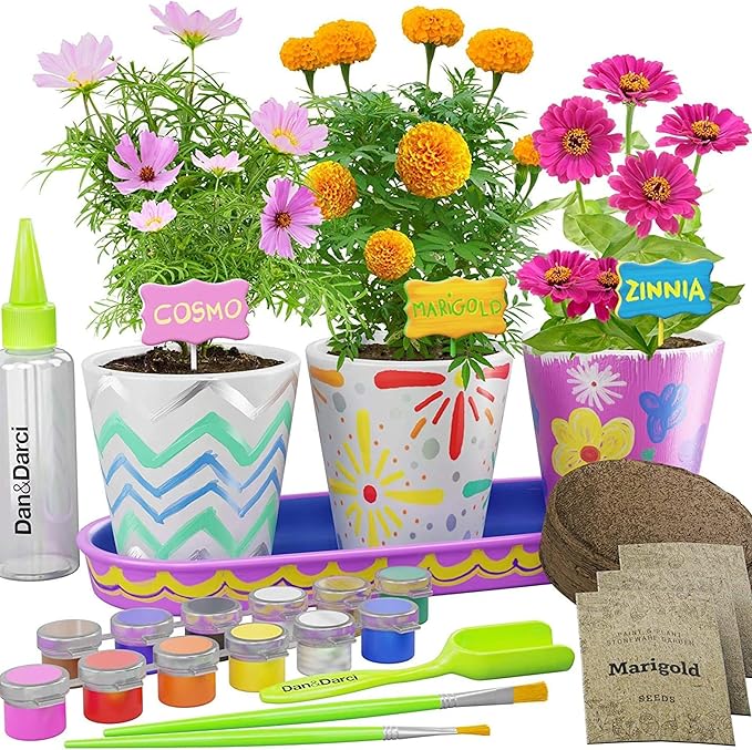 Dan&Darci Paint & Plant Stoneware Flower Gardening Kit - Gifts for Girls & Boys Ages 8-12 - Kids Arts & Crafts Project Birthday Gift, STEM Activity for Age 8, 9, 10, 11 & 12 Year Old Girl
