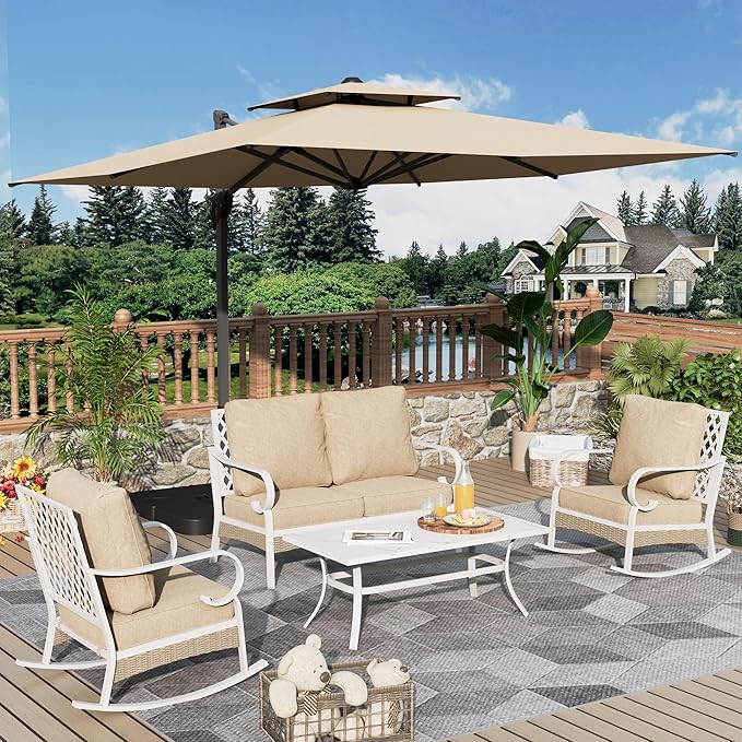 4 Piece Patio Furniture Set, 2 x Rocking Chair, 1 x 2-Seat Sofa with Marbling Coffee Table, All Cushioned 4 Seats Outdoor Conversation Set for Lawn Garden Backyard, Beige