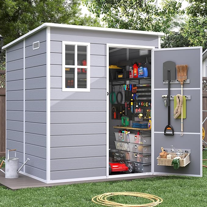 Resin Outdoor Storage Shed, 6x6FT Plastic Garden Shed with Floor, Lockable Door & Window, Waterproof Tool Shed for Backyard Garden Patio Lawn Grey White