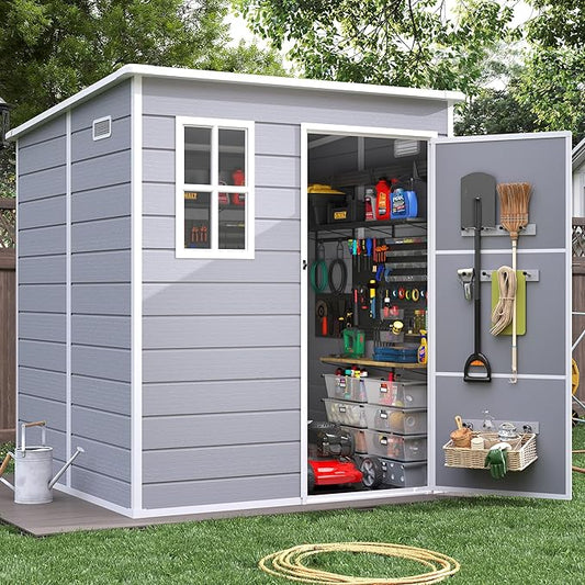 Resin Outdoor Storage Shed, 6x6FT Plastic Garden Shed with Floor, Lockable Door & Window, Waterproof Tool Shed for Backyard Garden Patio Lawn Grey White