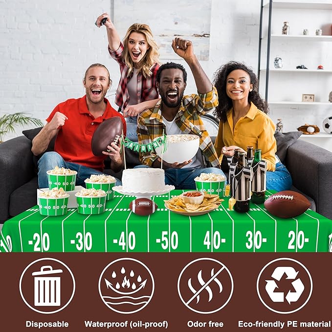 2 Pack Football Decorations - Disposable Tablecloth, Plastic Table Cover, 54x108 in Waterproof Tablecloth for Birthday Party, Picnic, Football Party