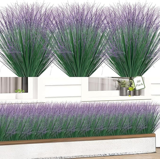 20 Bundles Fake Grass Plants Artificial Plants Outdoor Faux Plants Tall Shrubs Wheat Grass Greenery Stems UV Resistant Onion Grss for Outside Planters Indoor Room Vase Home Decor（Green Purple Tail）