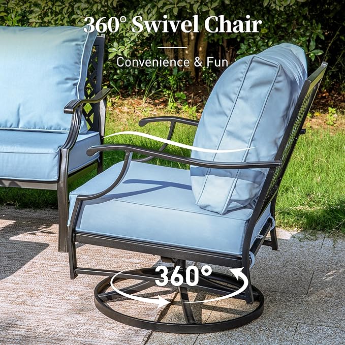 5 Piece Metal Outdoor Patio Furniture Sets, Patio Conversation Sets 1 3-Seater Sofa, 2 Swivel Chairs, 2 Ottomans with 5.75" Thick Cushion, Black All-Weather Backyard Furniture, Blue