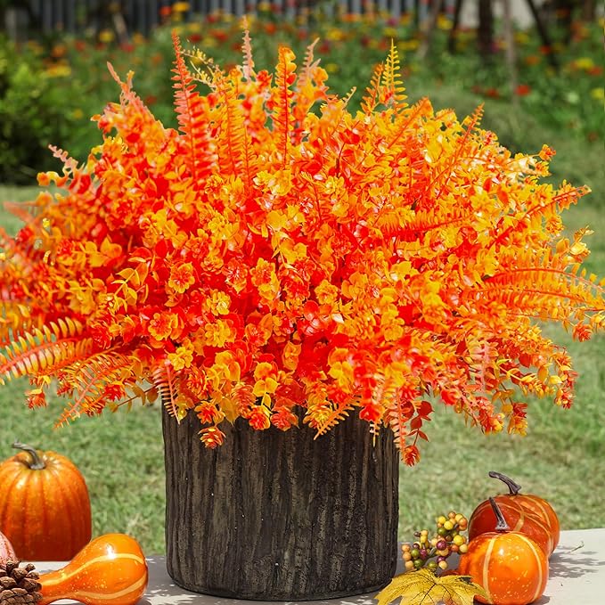 Ivydale Artificial Fake Fall Mums Flowers Plants for Outdoor Outside, 12 Bundles Faux Autumn Orange Daisy Plastic Greenery Realistic UV Resistant for Front Door Porch Patio Balcony Garden Yard Decor