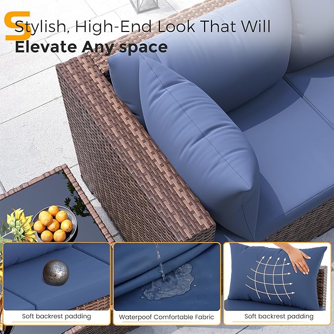 UDPATIO Patio Furniture Set, 7 Piece Outdoor Sectional Sofas with Wicker Coffee Table, Outdoor Patio Conversation Set for Garden, Backyard Navy Blue