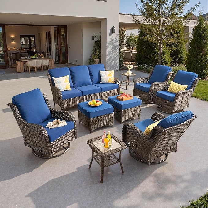 ovios 9 Pieces Patio Furniture Set, Outdoor Wicker Sofa Couch with Swivel Chairs Ottomans Comfy Cushions, All Weather High Back Modern Conversation Sets, Brown Rattan, Navy Blue