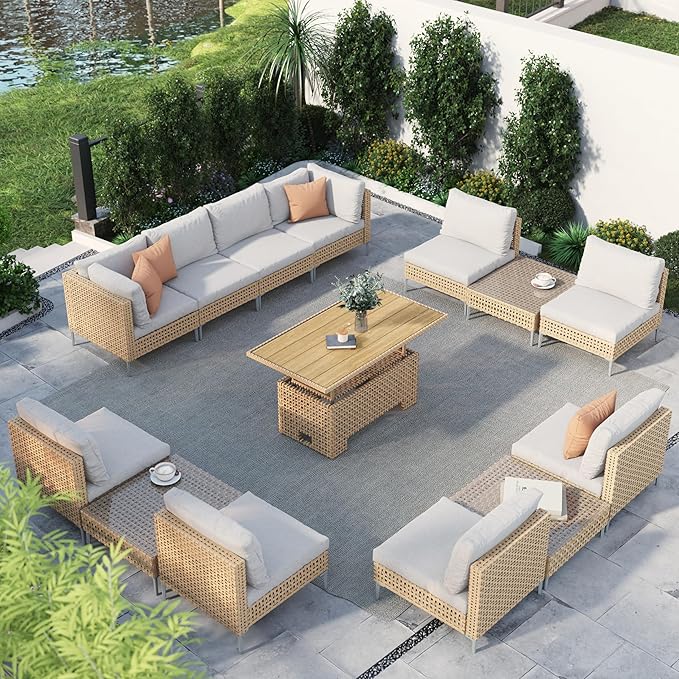 Grand patio 14-Piece Wicker Patio Furniture Set with Lift Top Coffee Storage Table, Outdoor Conversation Set Sectional Sofa with Water Resistant Thick Cushions, Cream