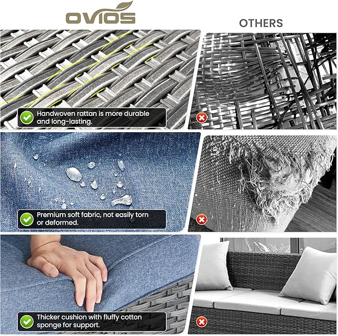 ovios 10 Pieces Patio Furniture Set, Outdoor Wicker Sofa Couch with Swivel Chairs 54" Fire Pit Table, All Weather High Back Modern Conversation Sets, Grey Rattan, Denim Blue