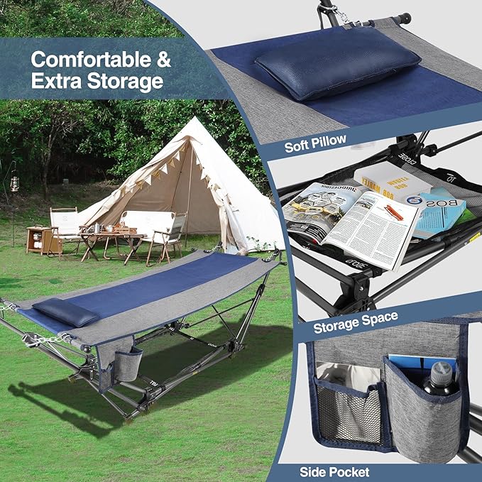 RedSwing Portable Folding Hammock with Stand,Foldable Camping Hammock with Removable Pillow,Storage Net,Foldable Lounge Camping Bed for Adults for Outdoor,Backyard,Beach,Garden,Lawn