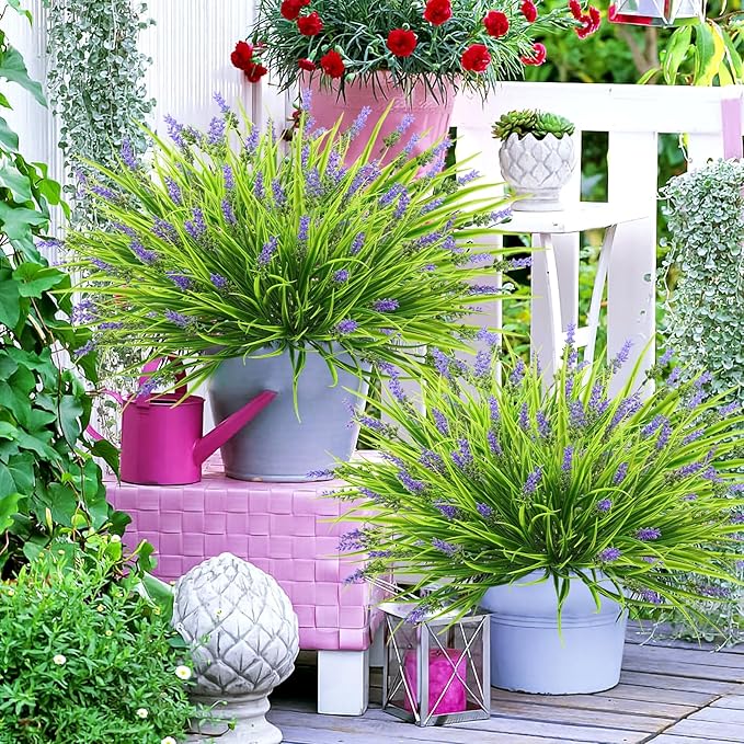 36 Bundles Artificial Plants Outdoor, 18.2" UV Resistant Faux Monkey Grass Greenery Stems No Fade Faux Plastic Flowers Shrubs for Home Weddings Garden Porch Front Patio Office Decor - Purple