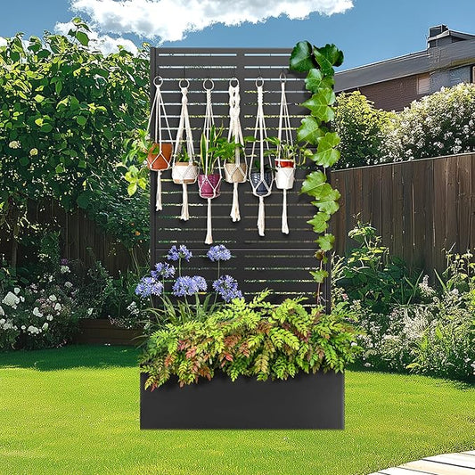 Metal Planter Box with Trellis, Raised Garder Bed with Drainage Hole, Privacy Screen & Trellis for Climbing Plants, Outdoor Plant Stands, 35''L×16''W×71''H, Black