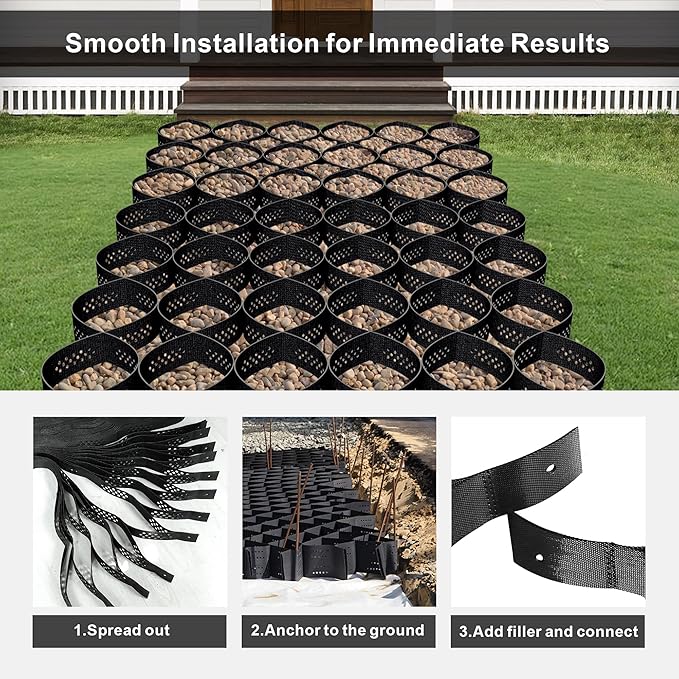 Geo Grid 3" Thick Gravel Ground Grid - 9 x 17 Ft Driveway Geocell with 1885 LBS Per Sq Load, Foldable Gravel Retainer Permeable Stabilizer for Driveways, Walkway, Slope Shed Base & Garden