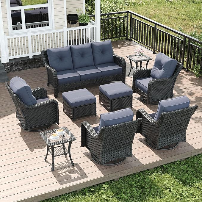 LayinSun 9 Piece Wicker Outdoor Furniture Set with 6-inch Comfy Cushions, High Back Patio Furniture Set with Swivel Rocking Chairs and Side Table
