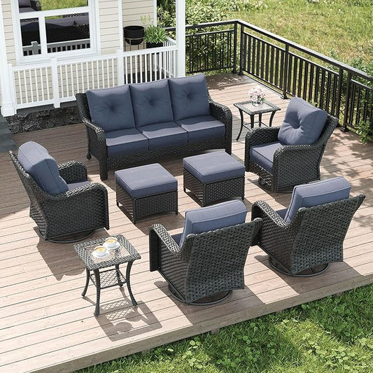 LayinSun 9 Piece Wicker Outdoor Furniture Set with 6-inch Comfy Cushions, High Back Patio Furniture Set with Swivel Rocking Chairs and Side Table