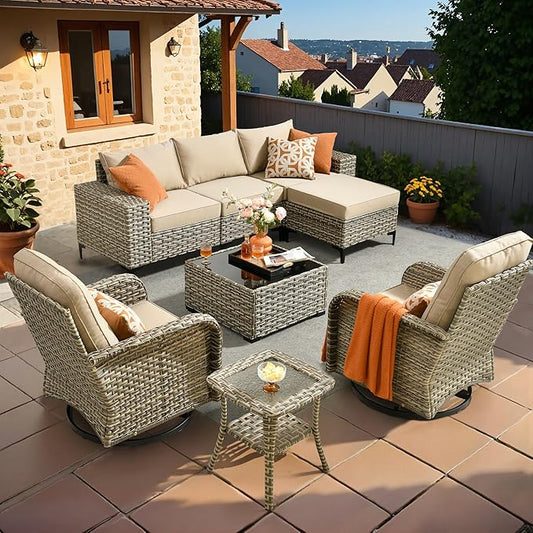 HOOOWOOO Outdoor Sectional Furniture Set,8 Pieces Wicker Patio Conversation Sets,L Shape All Weather Outside Couch Sofa Set with Swivel Chairs Ottoman,Beige
