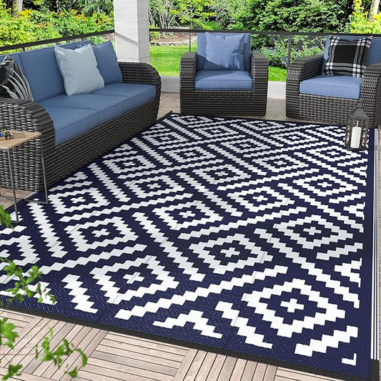 GENIMO Outdoor Rug 4x6 Waterproof, Reversible Mats, Outdoor Area Rug, Plastic Outside Carpet, Eeometric Rv Mat for Patio Camping Rv Picnic Backyard Deck Balcony Porch Beach Trailer(Navy Blue & White)