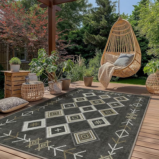 GENIMO Outdoor Rug for Patio Clearance, 8'x10' Reversible Plastic Straw Rugs, Lightweight Waterproof RV Camping Mat for Camper, Balcony, Deck, Backyard, Picnic, BlackBrown