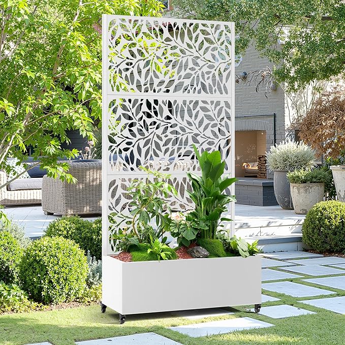 15.7"×70.9"×35.4" Metal Raised Garden Bed with Trellis and Wheels - Tall Trellis Planter Box for Climbing Plants, Vegetables & Vines - Outdoor Privacy Planters for Patio (White)
