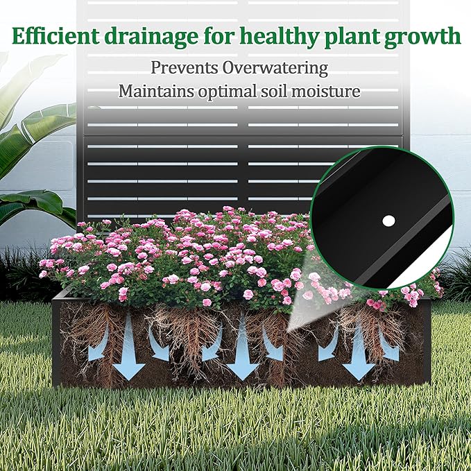 Metal Raised Garden Bed with Trellis, 2 in 1 Trellis with Planter Box & Privacy Screen for Climbing Plants, Vine, Outdoor Standing Flower Beds with Drainage Holes, 47" L x 17" W x 71" H, Black