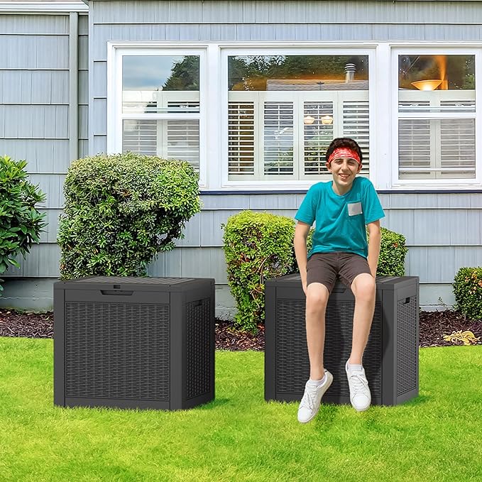 32 Gallon Resin Deck Box 2 Pack Outdoor Indoor Waterproof Storage Box for Patio Cushions, Garden Tools, Pool Accessories,Backyard Storage Bin,Black