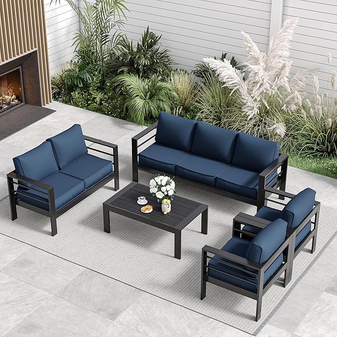 Aluminum Patio Furniture,Outdoor Metal Sectional Sofa with Table and Waterproof Covers,Grey and Blue Modern Patio Furniture Set for Garden Backyard (8-Piece)