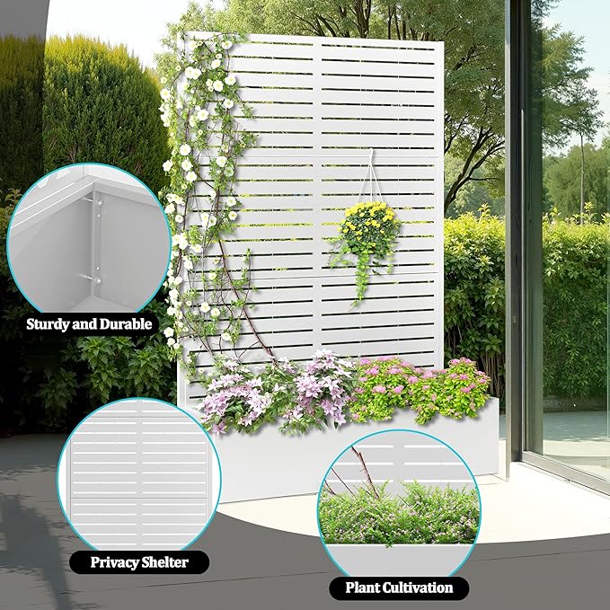 Metal Planter Box with Trellis, Planter Box with Privacy Screen, Privacy Trellis Outdoor for Climbing Plants with Drainage Holes, Raised Garden Bed for Vegetables