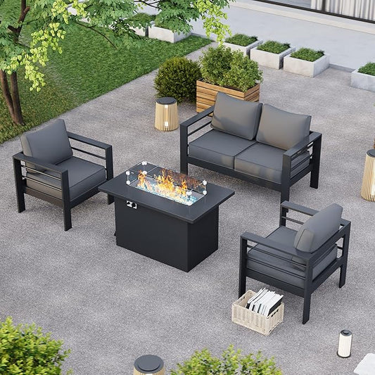 Patio Furniture Set with Fire Pit Table, Aluminum Patio Furniture Set,Grey Outdoor Metal Sectional Sofa with Aluminum Fire Pit Table for Garden Backyard (Include Waterproof Cover)