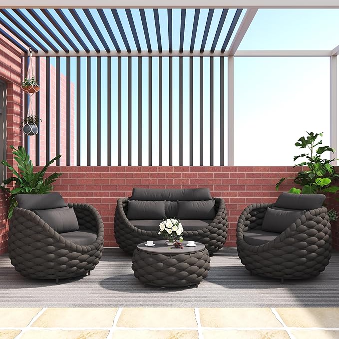 5 Pieces Patio Furniture Set, Outdoor Rope Conversation Sectional Patio Sofa with 5 Seater for Backyard, Porch, Modern Armchairs with Thickness Cushions and Side Table, Dark Grey