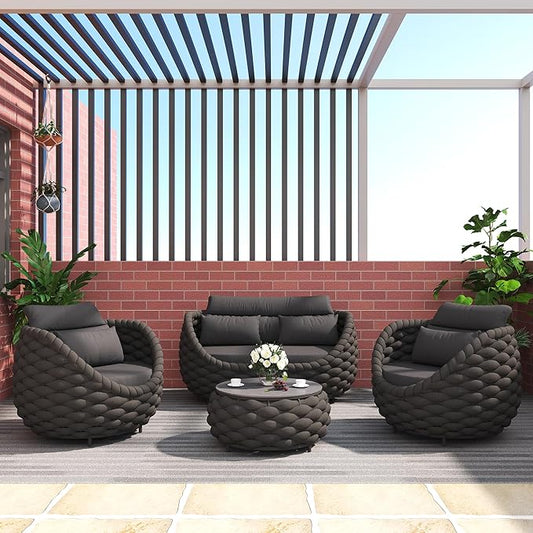 TWT Patio Furniture Set 4 Pieces Aluminum Outdoor Furniture w/27.8in Coffee Table,Patio Conversation Set with Hand Woven Polyester Rope for Backyard Garden Poolside,Dark Gray