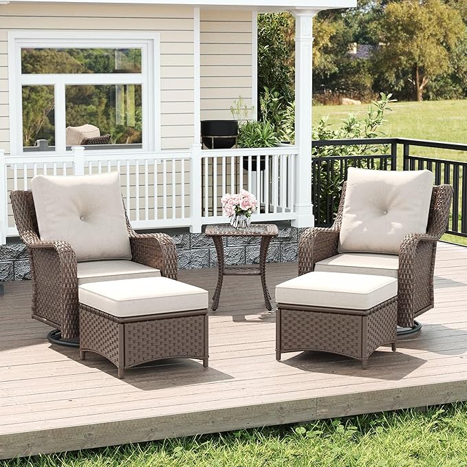 LayinSun 5 Piece Wicker Outdoor Furniture Set with 6-inch Comfy Cushions, High Back Patio Furniture Set with Swivel Rocking Chairs and Side Table