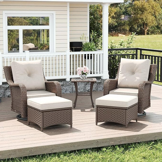 LayinSun 5 Piece Wicker Outdoor Furniture Set with 6-inch Comfy Cushions, High Back Patio Furniture Set with Swivel Rocking Chairs and Side Table