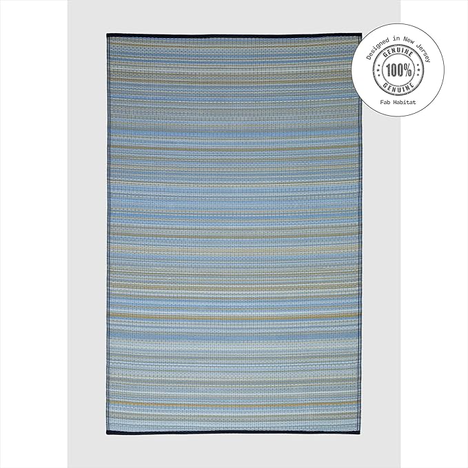 Fab Habitat Outdoor Rug - Waterproof, Fade Resistant, Crease-Free - Premium Recycled Plastic - Striped - Patio, Deck, Porch, Balcony, Laundry Room - Cancun - Shadow Blue - 4 x 6 ft