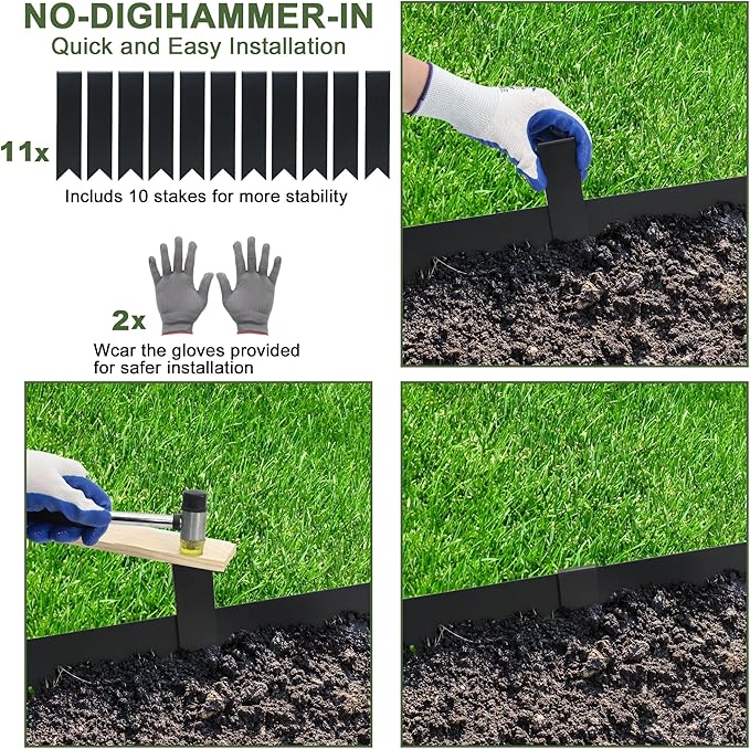 Garden 10-Pack Galvanized Steel Landscape Lawn Edging 33Ft 4.5in H Black Powder Coated Bendable Metal Strips - Hammer-in Edging Border w/ 11 Clips - Yard Pathway Divider