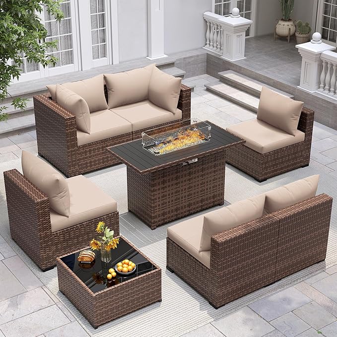 UDPATIO Outdoor Patio Furniture Set with Fire Pit Table, 8 Piece Outdoor Sectional Sofas, All-Weather Wicker Patio Conversation Set for Garden, Backyard Khaki