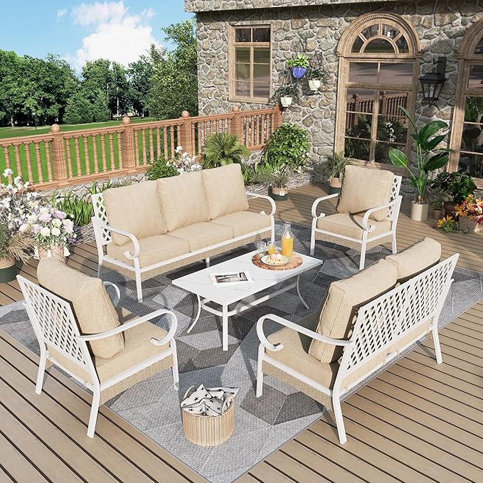 5 Piece Patio Furniture Set, 2 x Fixed Chair, 1 x 2-Seat Sofa, 1 x 3-Seat Sofa with Marbling Coffee Table, All Cushioned 7 Seats Outdoor Conversation Set for Lawn Garden Backyard, Beige