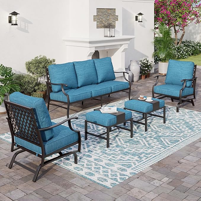 7 Piece Metal Outdoor Patio Furniture Sets, Patio Conversation Sets 3-Seater Sofa, 2 Rocking Chair, 2 Ottomans with 5.75" Thick Cushion, All-Weather Frame Backyard Furniture, Blue-2