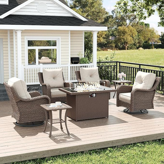 LayinSun 7 Piece Wicker Outdoor Furniture Set with 6-inch Comfy Cushions, High Back Patio Furniture Set with Swivel Rocking Chairs and Fire Pit Table