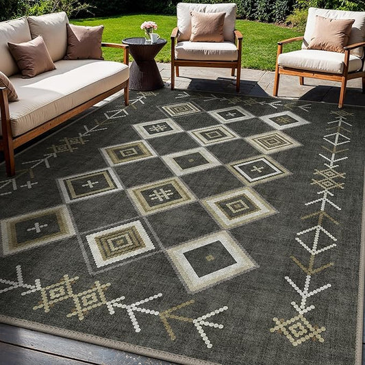 GENIMO Outdoor Rug for Patio Clearance, 8'x10' Reversible Plastic Straw Rugs, Lightweight Waterproof RV Camping Mat for Camper, Balcony, Deck, Backyard, Picnic, BlackBrown