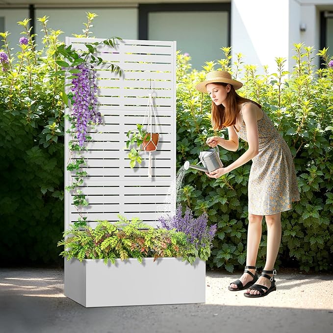 Metal Planter Box with Trellis, Heavy-Duty Raised Garden Bed for Climbing Plants, Drainage Hole, Outdoor Planter Box with Privacy Screen，35''L×16''W×71''H