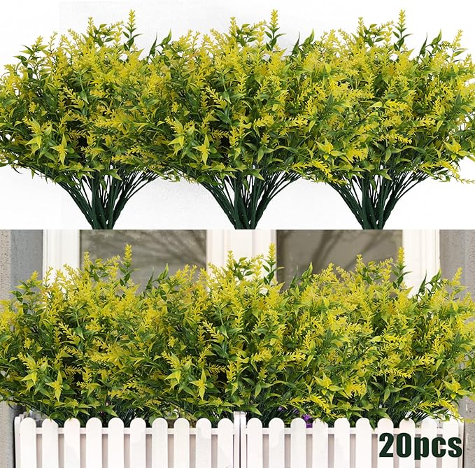 RECUTMS 20 Bundles Outdoor Artificial Flower UV Resistant Fake Stems Plants, Faux Plastic Greenery for Indoor Outside Hanging Plants Garden Porch Window Box Home Wedding Farmhouse Décor(Yellow)