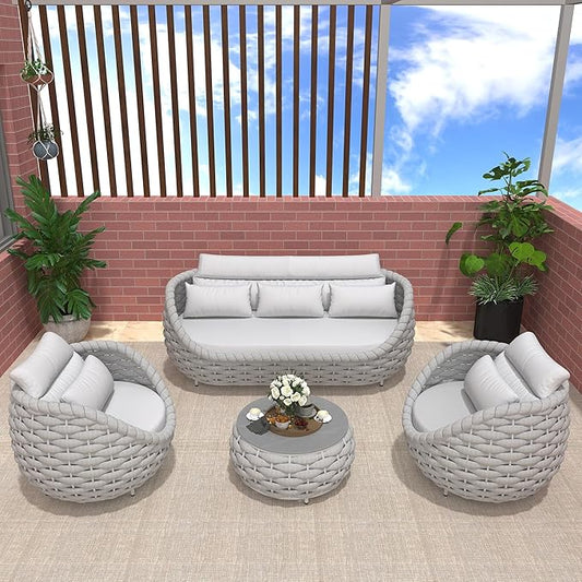 Aluminum Modern Patio Set Three Seater Sofa Outdoor Furniture Set w/Coffee Table,Patio Conversation Set with Hand Woven Teslin Rope for Bedroom Backyard Poolside, Light Grey